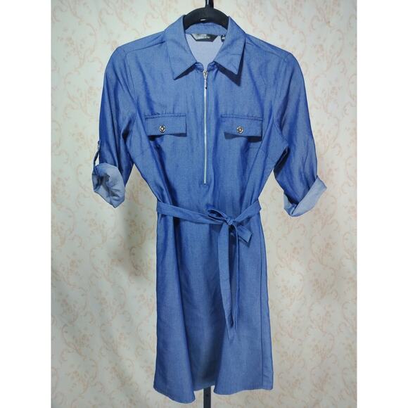 Mlle Gabrielle Lightweight Denim Look Dress Zip Front Tie Waist, Size S - Picture 9 of 16